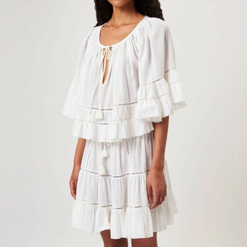 

2023 Women Hollow out Short Jupe Purple or White Elastic Waist Drawstring Summer Sweet Ruffles Female Mini Skirt