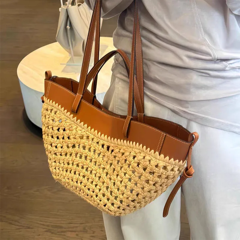 Borsa a tracolla in paglia intrecciata, popolare con manici lunghi e corti, colore abbinato all'ascella, borsa a secchiello da donna._voghion.com