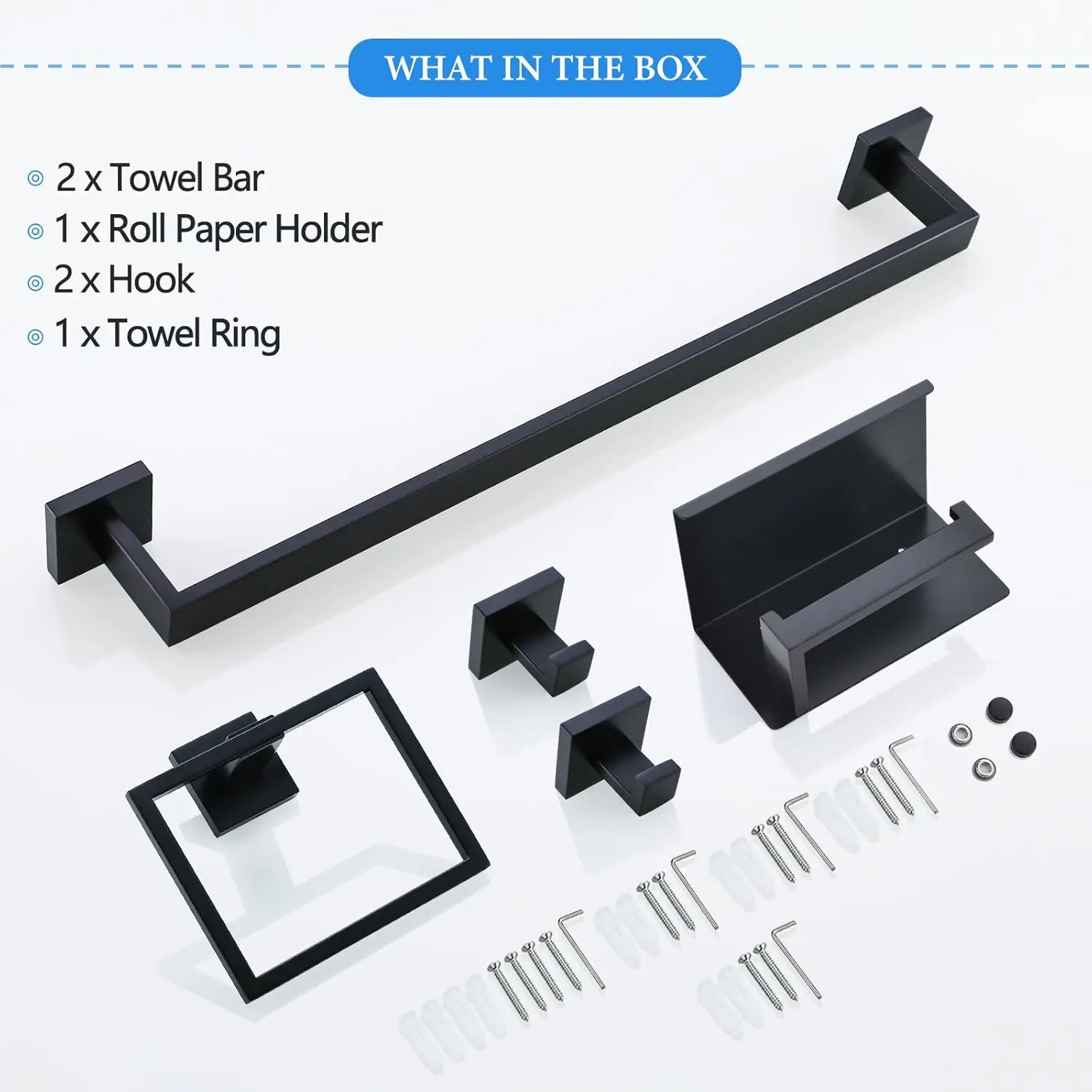 6-Piece Black Bathroom Hardware Set 23.6 Inch Towel Bar Set Double Towel Bar Ring Coat Hook and Toilet Paper