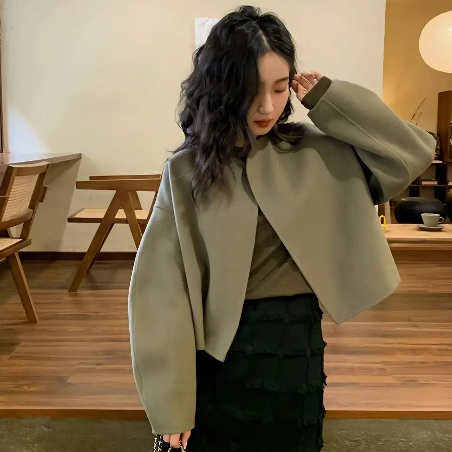 Korea Vintage Cropped Jackets Women Basic Short Coat Autumn Elegant O Neck Simple Casual All Match Chic Outerwear Tops elegant thick woolen cropped jackets korean women single breasted warm coat slim round neck cotton padded lined short jaqueta