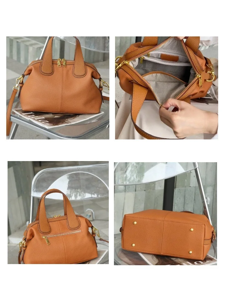 Elegant genuine leather crossbody handbag with shoulder strap and quality details