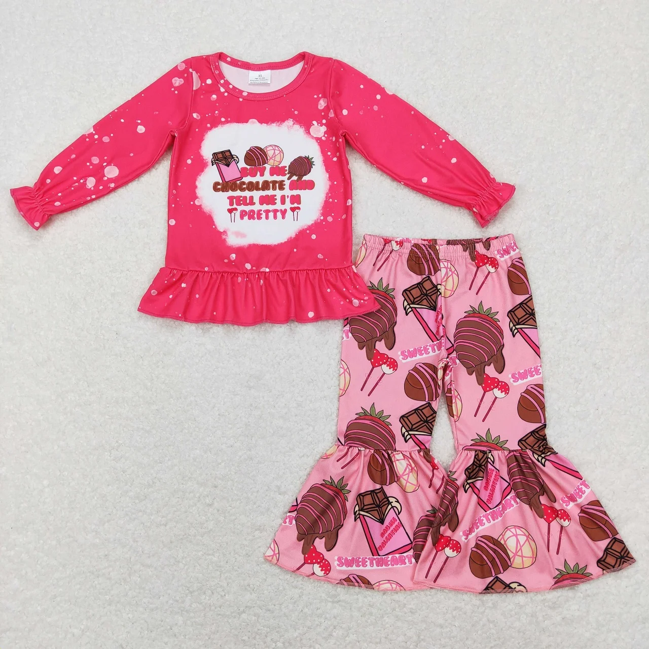 

Wholesale Baby Girl Long Sleeves Shirt Kids Strawberry Chocolate Bell Bottom Pants Children Set Children Valentine's Day Outfit