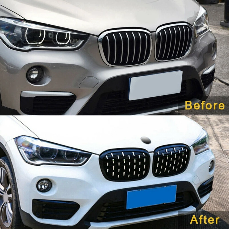 BMW X1 F48 F49 20162019년형 자동차 전면 키드니 그릴, 후드, 전면 범퍼, 라디에이터 그릴. 실버/블랙/카본 섬유 스타일.