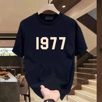 Retro Digital 1977 Pure Cotton Printed Fashionable Men's and Women's T-shirt New Casual Loose Round Neck Short Sleeved Shirt 1