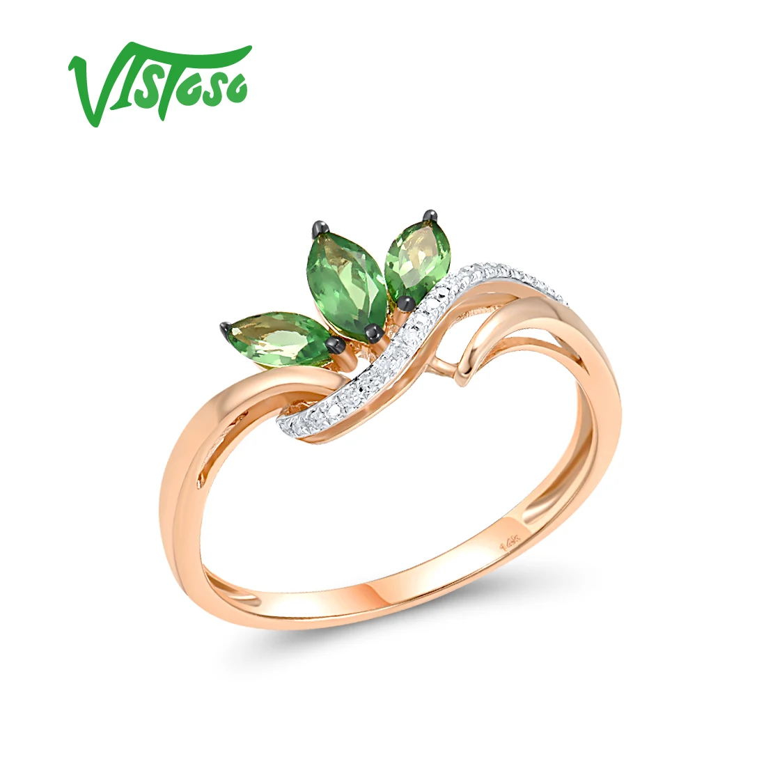 

VISTOSO Gold Ring Genuine 14K 585 Rose Gold For Women Sparkling Green Garnet Diamond Rings Elegant Delicate Trendy Fine Jewelry