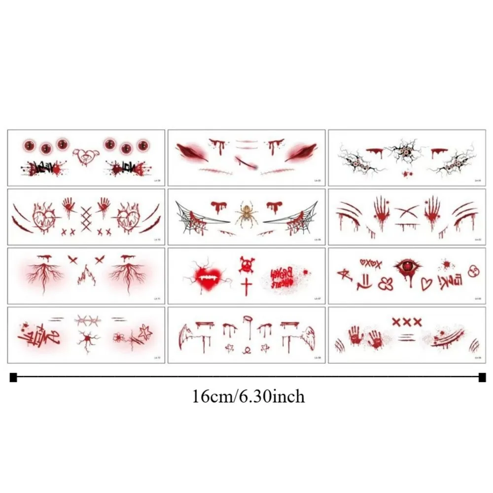 12pcs Disposable Halloween Face Tattoo Waterproof Long-acting Cheek Temporary Stickers Terrifying Portable