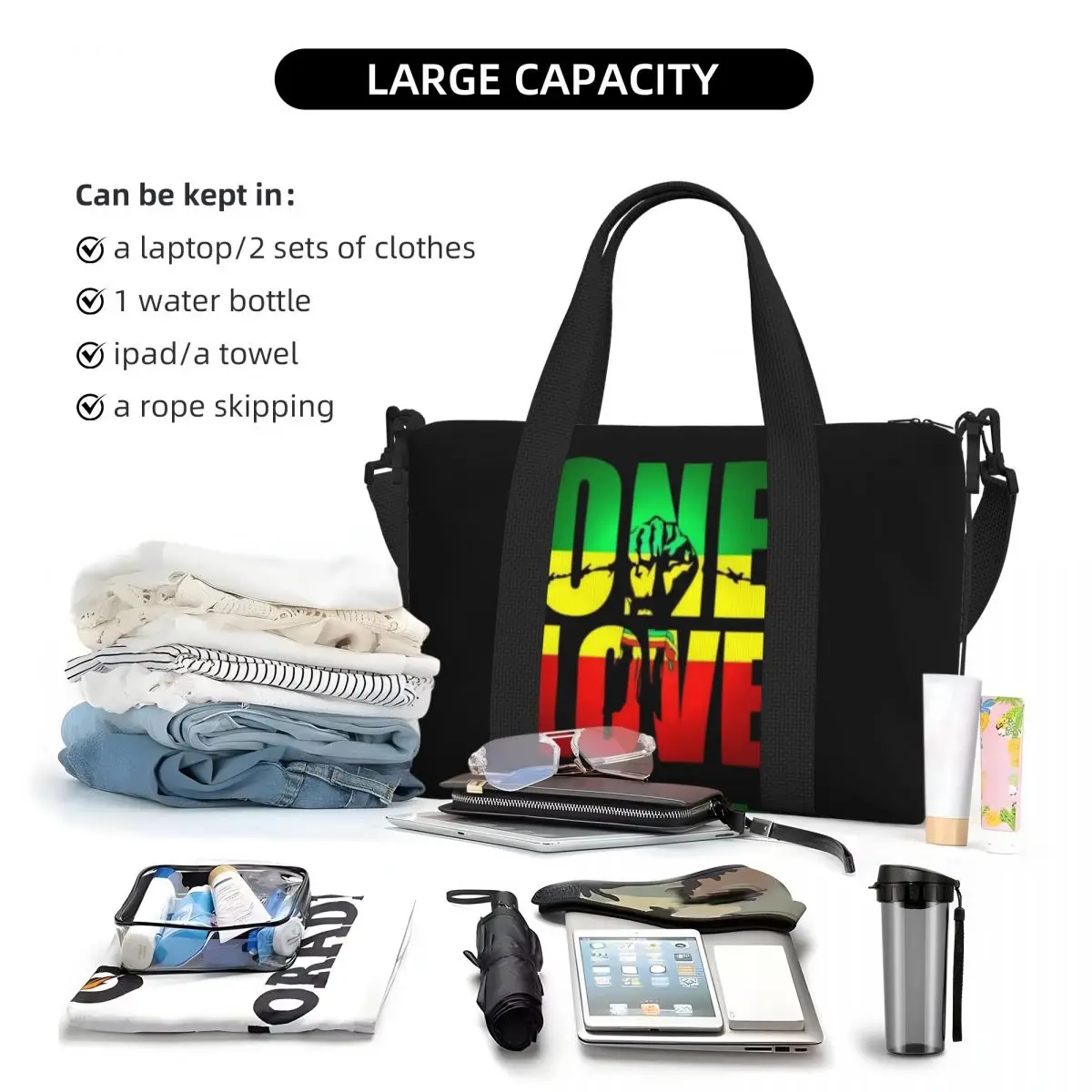 One Love Jamaica Reggae Tote Bag Women Large Capacity Gym Beach Shoulder Travel Bag