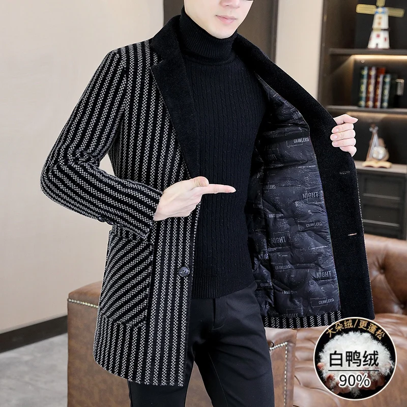 Classic Winter Men's Mid-Long Warm White Duck Down Woolen Coat Business Casual Striped Thicken Overcoat Outwear Windbreak Jacket
