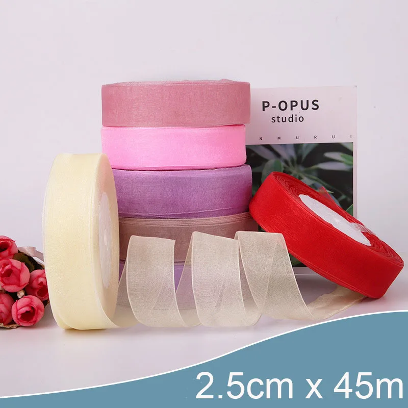 2.5cm 45 미터/롤 쉬어 리본 오간자 새틴 리본, 선물 포장 장식 웨딩 부케 파티 화환 레이스