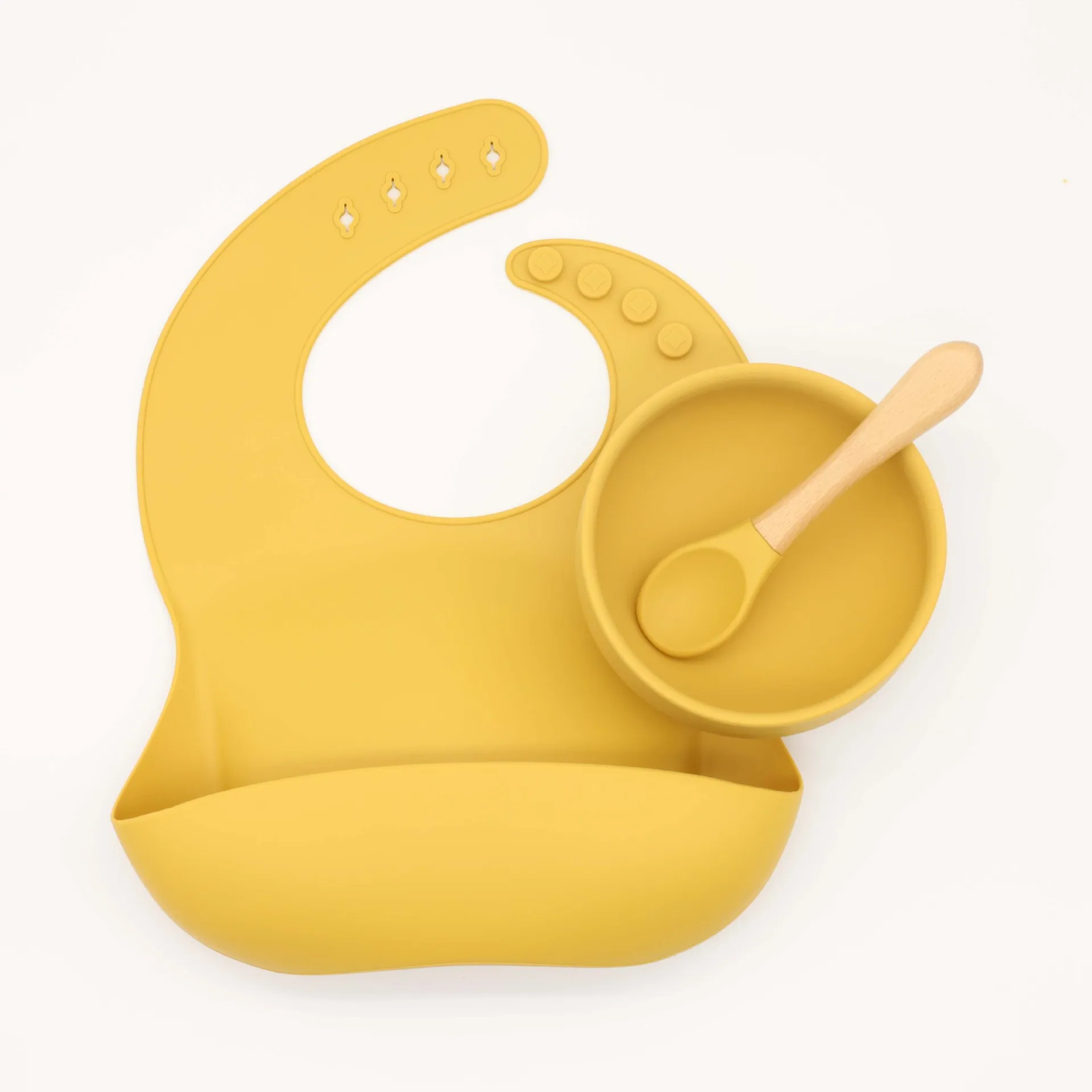 Silicone bib ventosa tigela redonda lidar com colher de madeira conjunto treinamento alimentar complementar conjunto de utensílios de mesa de