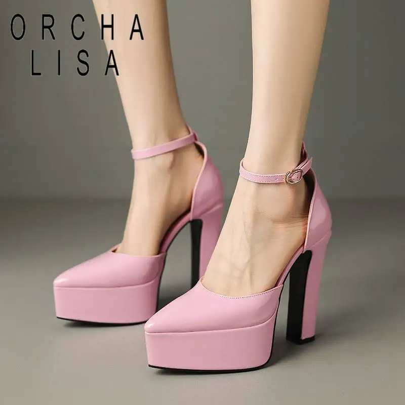 

ORCHA LISA Women Sandals Patent Leather Pointed Toe Platform Block Heel 8.5cm Buckle Strap Sexy Wedding Shoes Plus Size 41 42 43