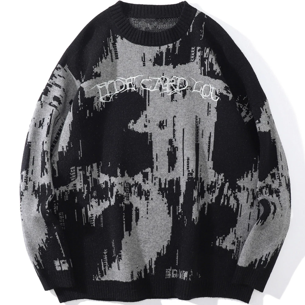 

Aolamegs Sweater Men Building Punk Letter Knitted Pullover Couple Casual Loose Retro Fashion Diablo High Street Style Streetwear