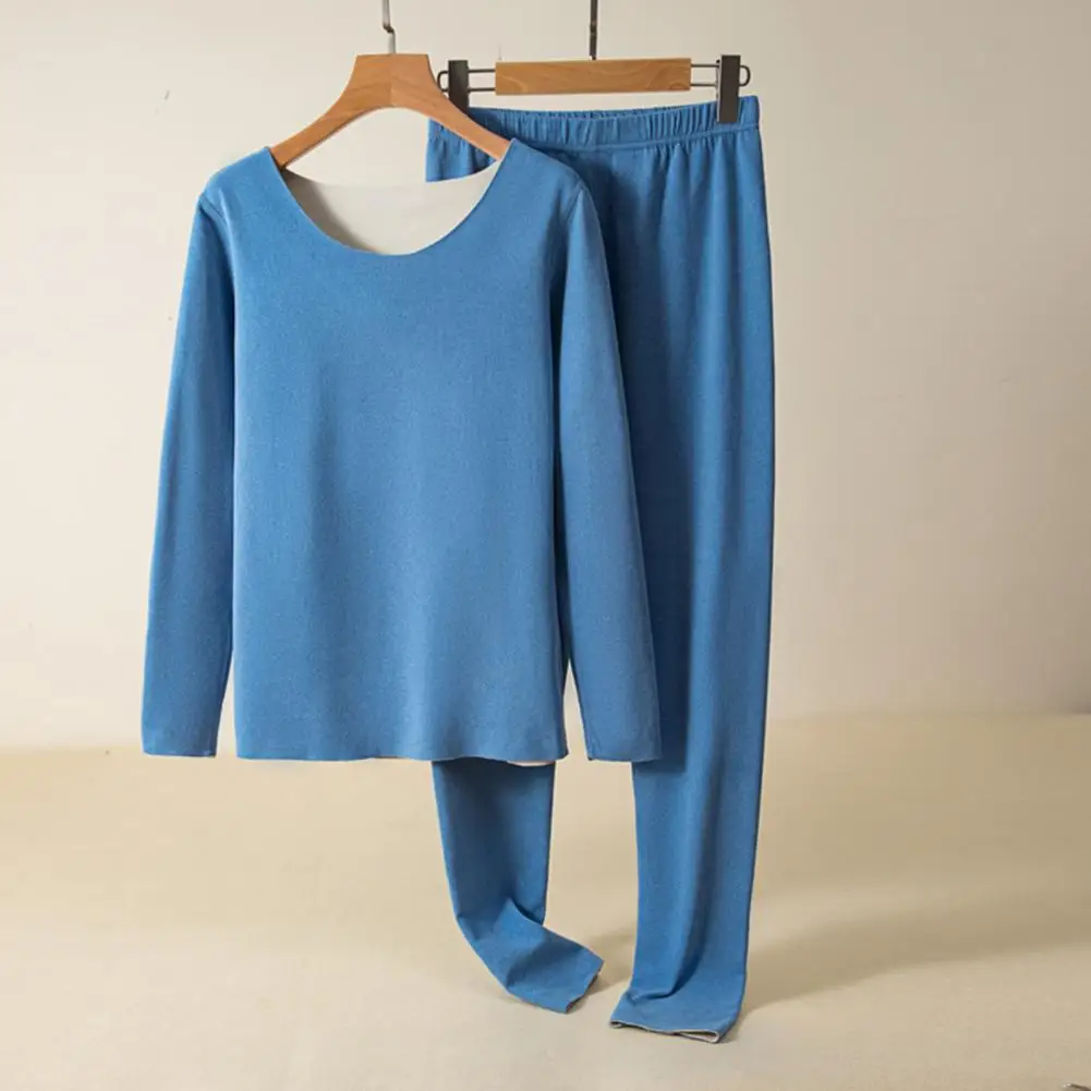 

Solid Color Workout Outfit Women's Winter Pajamas Set with O Neck Long Sleeve Top Thermal Underwear Trousers Seamless Thick