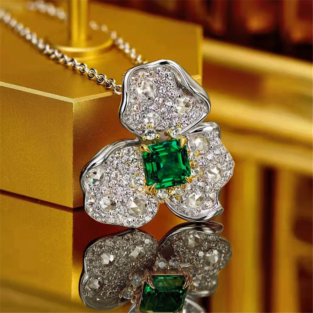 Female Luxury Crystal White Green Stone Pendant Necklace Vintage Silver Color Wedding Jewelry For Women