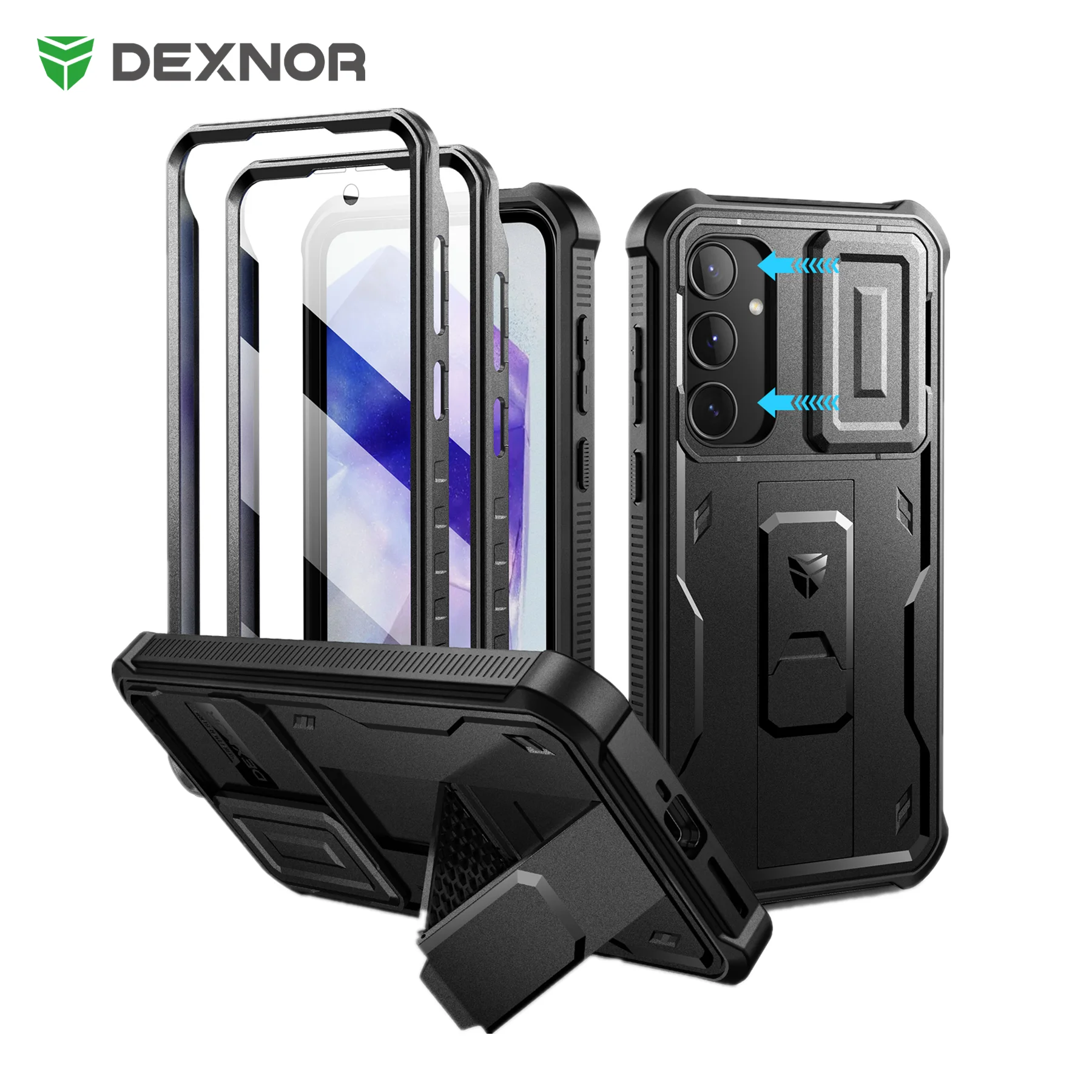 Dexnor 삼성 갤럭시 A55 용 케이스, 카메라 커버 및 내장 스크린 보호대 킥스탠드 포함, 견고한 전신 커버, 6.6 인치