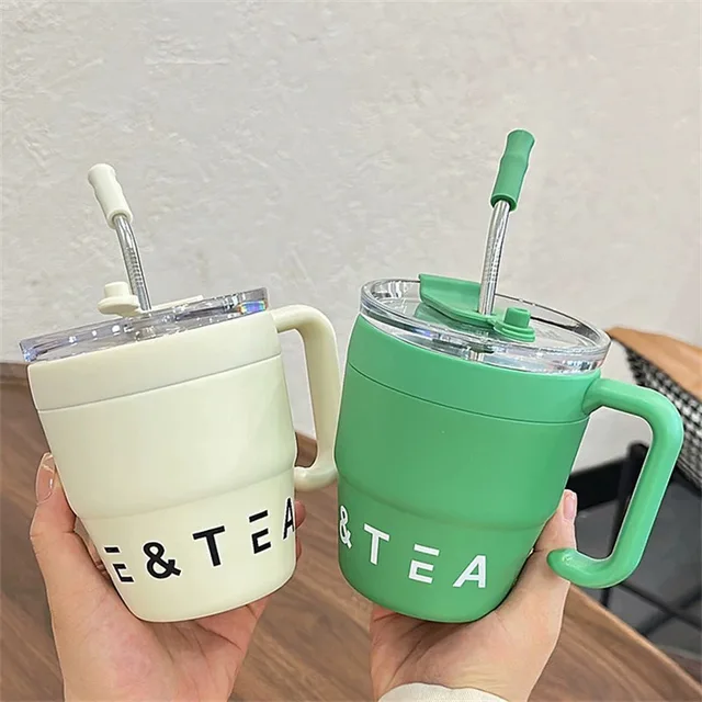 Tasse à café avec couvercle en paille de 480ml, Thermos en acier inoxydable pour boissons chaudes et froides, eau, thé, lait, bouteille Portable d'extérieur pour le bureau 5