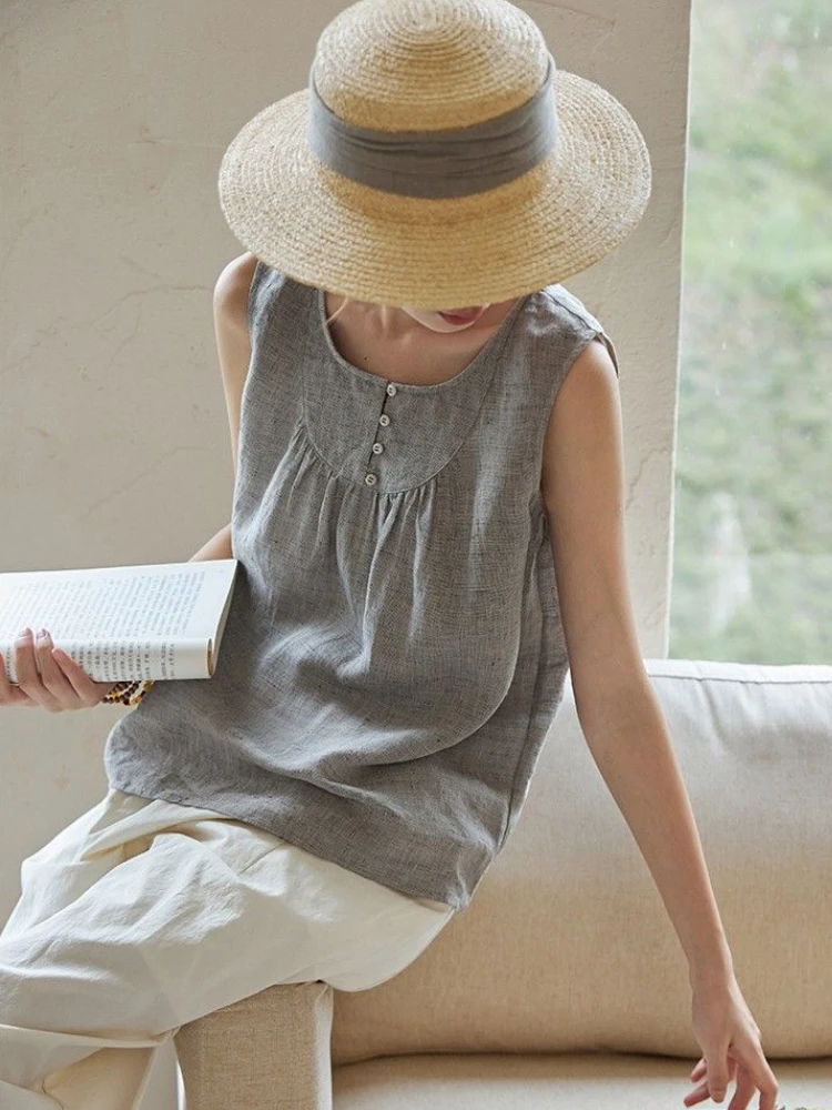

Cotton Linen Grey Sleeveless Top Women Summer 2024 Loose Vintage Tank Top Casual Comfort Slim Button Design O-Neck Linen Vest