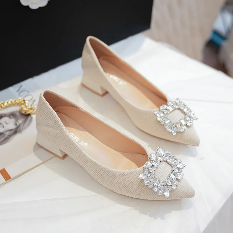 Zapatos de tacón grueso con hebilla cuadrada para mujer, calzado de trabajo, punta estrecha, diamantes de imitación, color negro, talla 32-43 - Image 5