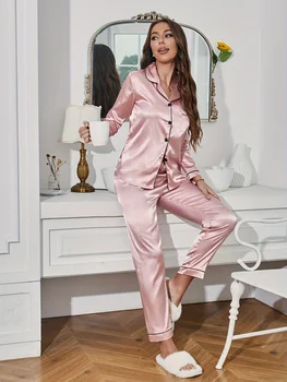 Solid Pajama Set Long Sleeve Button Up Lapel Top & Pants Pj Set Women's Sleepwear & Loungewear 3