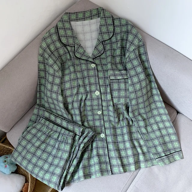 Plus Size Women Plaid Pajamas Set Kawaii Homewear Long Sleeve Two Piece Pajama Set Loose Sleepwear Outfit New Year Gift
