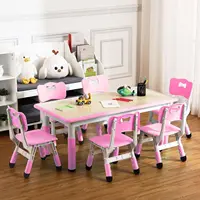 Kindergarten Kids Table and Chairs Set Toddler Height Adjustable Desk with Graffiti Desktop, Arts & Crafts Table with 6 Seats