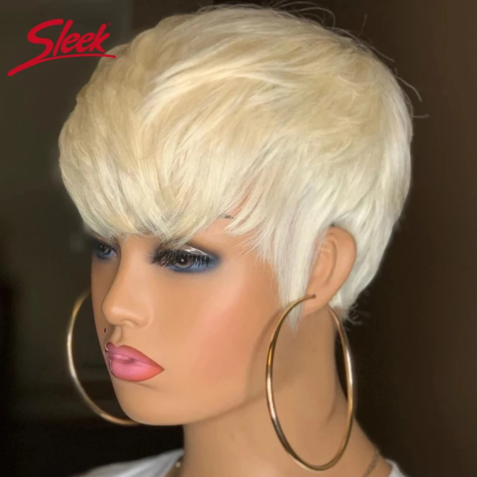 

Straight Short Pixie Cut Blond 613 Top Lace Hair Wigs Brazilian Remy Human Hair Wig With Bangs Nature Black Color Cheap Glueless