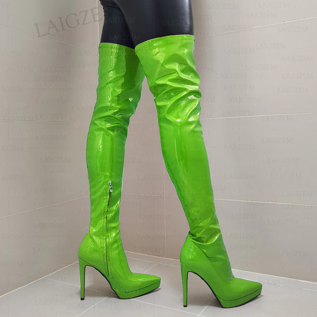 LAIGZEM Women Over Knee Boots Shiny Side Zip Thin High Heels