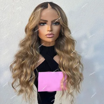 Ombre Ash Brown Blonde Highlights V Part Wigs Virign Ombre Body Wave Human Hair Side/Middle t U Shape Half Wig 250 Density Full