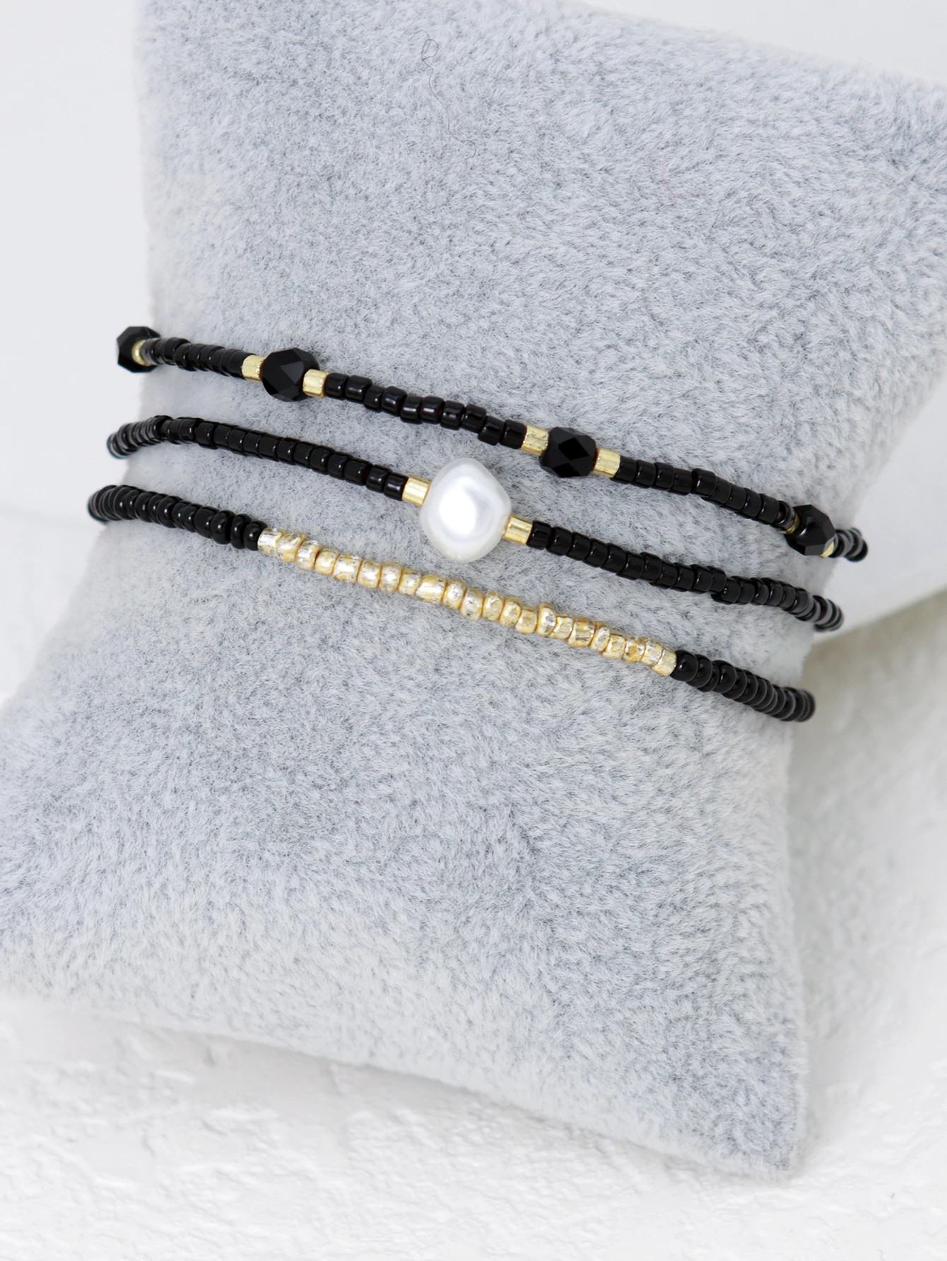 3PCS Bohemian Black Glass Bead Imitation Pearl Stacked Elastic Bracelet