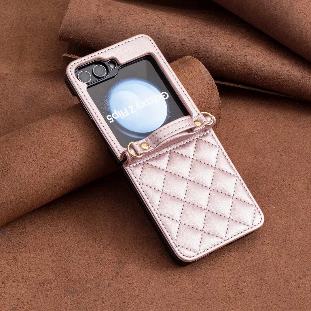 Elegant Diamond Leather Crossbody Case with Shoulder Strap - Slim Folding Cover