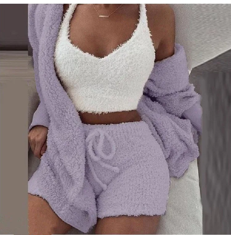 Sexy Fluffy Outfits Plush Velvet Hooded Cardigan Coat+Shorts+Crop Top Three Piece  Women Tracksuit Sets Casual Sports Sweatshirt loungewear sets