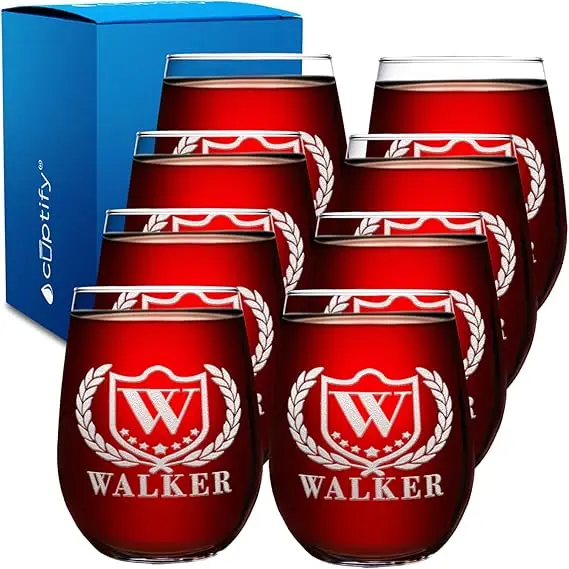 Custom Engraved Stemless Wine Glass Set of 8 with Initials and Names - 17 oz Personalized Gift for Women, Ideal for Birthdays an