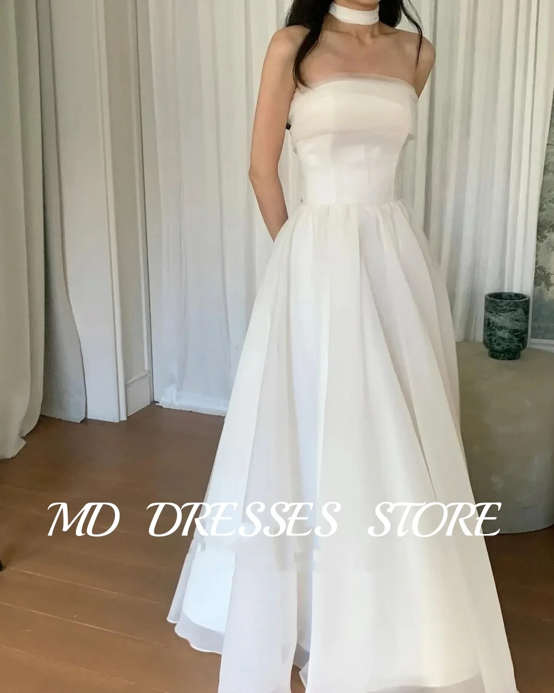 MD Simple White A-line Wedding Dresses Off Shoulder with Shawl Korea Photoshoot Pleat Bridal Gown Corset Back Customised 웨딩드레스 3