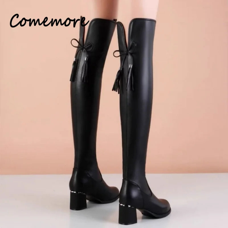 Comemore Women Leather Elastic Boots Ladies Plush Long Boot Autumn Winter Thick Heels Over The Knee Boots Slip on Knight Botas