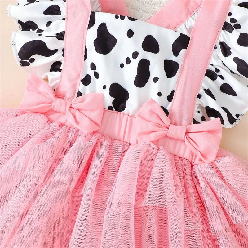 Newborn Baby Girl Pink Cow Print Ruffle Tutu Tulle Romper Dress Princess Birthday Western Cowgirl Summer Outfit 4