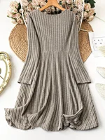 Plus Size Women's Solid Color V-Neck Long Sleeve Pit Stripe Dresses - Image 6
