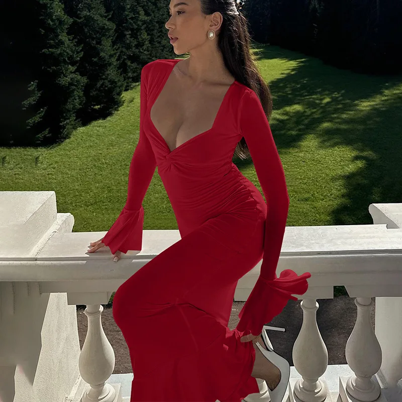 Vestido largo de otoño con volantes para mujer, elegante vestido de fiesta de retazos con cintura alta y manga larga para desplazamientos diarios, ropa femenina