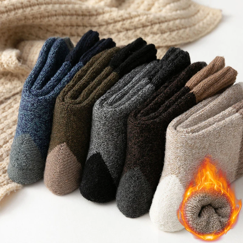 5 Pairs Thicken Middle Tube Socks for Men Soft Winter Warm Wool Color-matching Socks Floor Wear Sock Anti-cold Snow Russia Socks