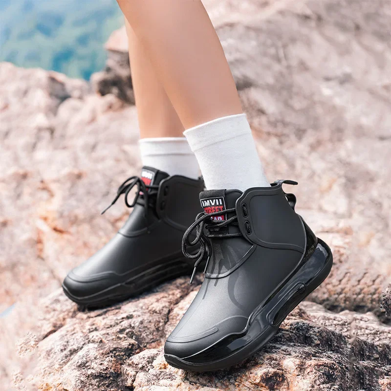 Bottes de pluie couple mode casual lacets étudiants polyvalentes loisirs travail - Chaussures eau pêche femme