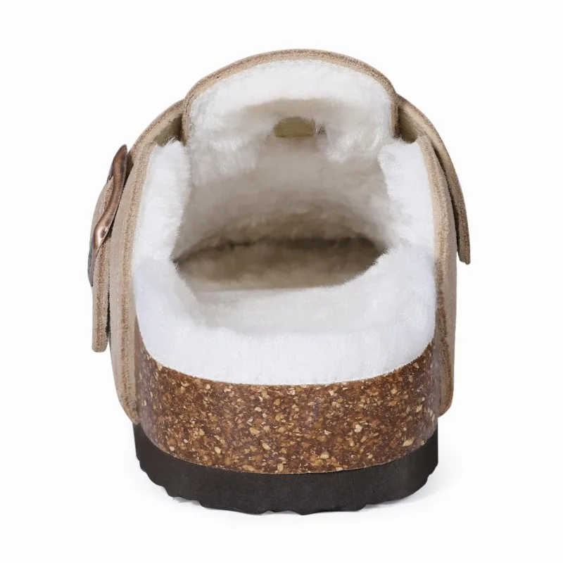 Women Winter Fur Lined Suede Mules Slippers With Adjustable Buckle