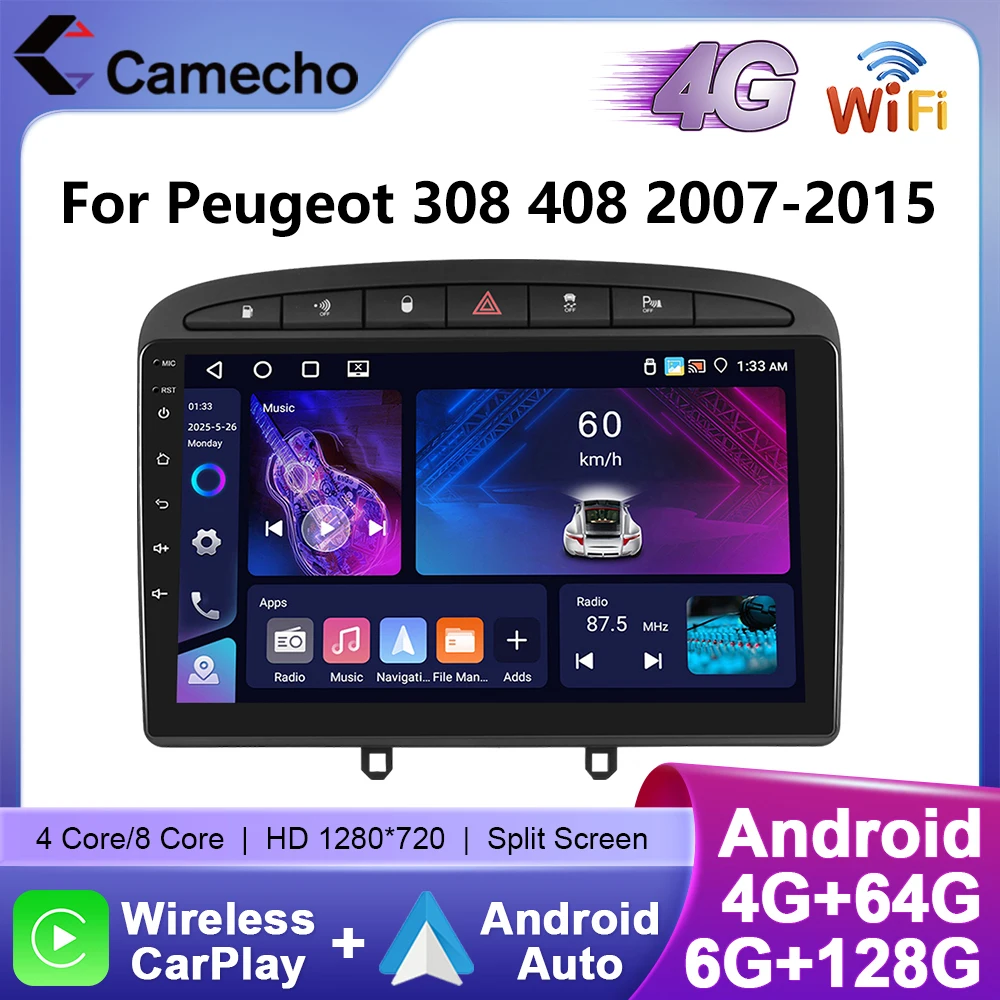 Camecho 6 + 128G inalámbrico CarPlay Android Auto Radio de coche para Peugeot 308 408 2007 2008-2015 GPS estéreo 4G WIFI reproductor Multimedia 1