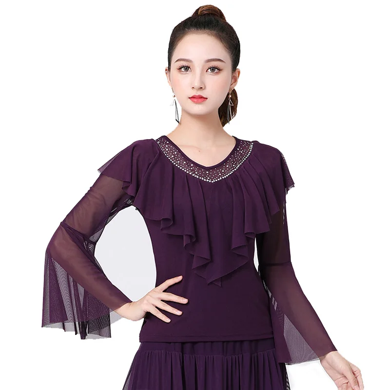 Noble-Ruffle-Leader-Long-Sleeve-Dance-Tops-For-Women-Solid-Color ...