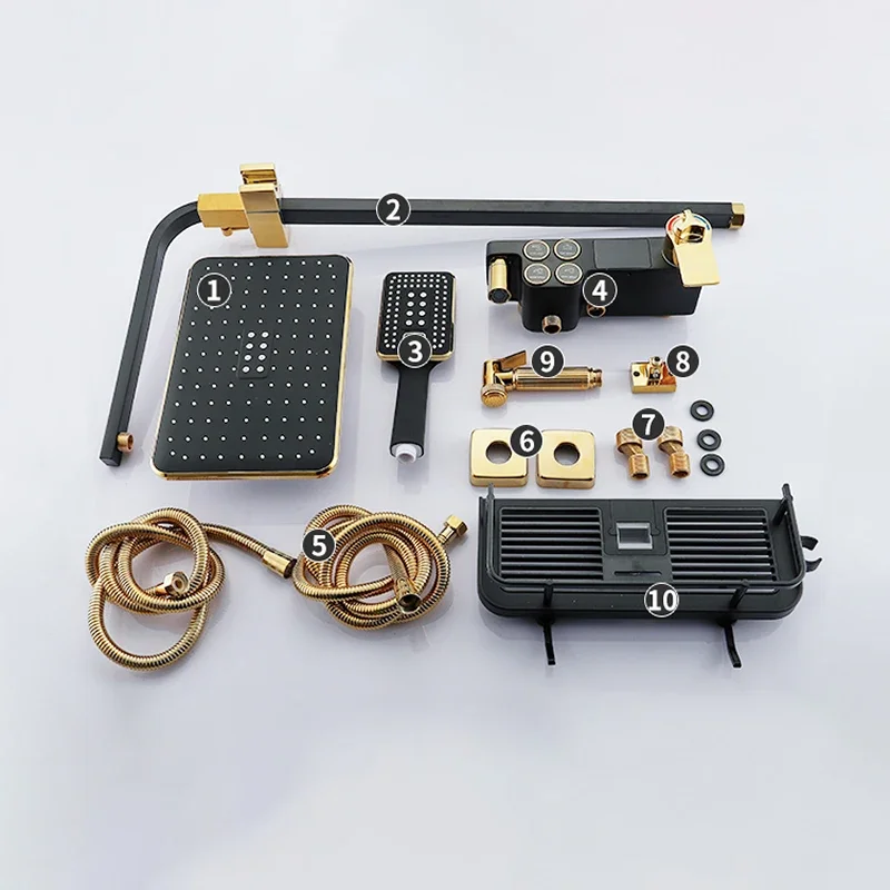 Newly Digital Shower System Set with Brass Bathtub Mixer Faucet Rainfall Shower Head Black Gold Thermostatic Bathroom Shower Set 6