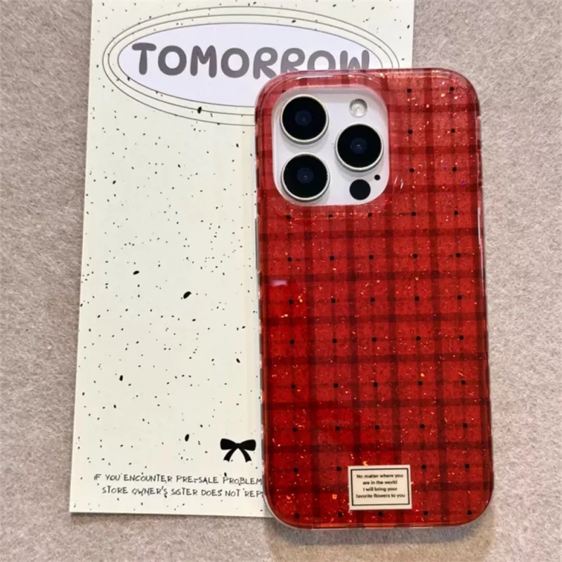 Glitter Semi-Transparent Red Checkered Phone Case with Double-Layer Puppy Holder