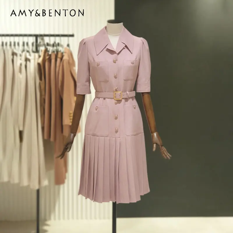 

Fashion Lace-up Waist-Tight Business Suit Dress Summer New Elegant Ol Casual Design Sense Niche Single-Breasted Pleated Dress