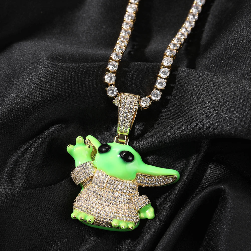 Uwin Cute Big Ear Alien Charms Iced Out Green Luminous CZ Necklaces For Women Man Hip Hop Jewelry