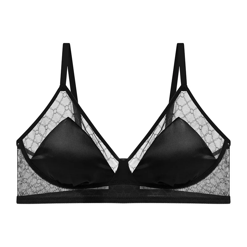 French Triangle Cup Mulberry Silk Bra Luxury Seamless Bralette Ultra thin Small Chest Satin Silk Underwear Wire Free Lingerie