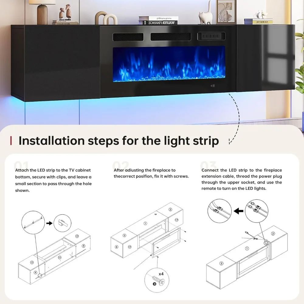 70" Floating Fireplace TV Stand, Wall Mounted Entertainment Center with 36" Electric Fireplace, Modern LED Light TV Console, Fl 6