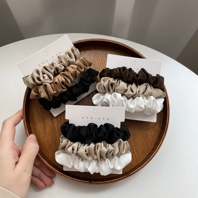 

3Pcs/set Silky Satin Scrunchie Pack Vintage Silk Elastic Hair Bands White Black Coffee Hair Rope Ponytail Holder Hair Ties DIY