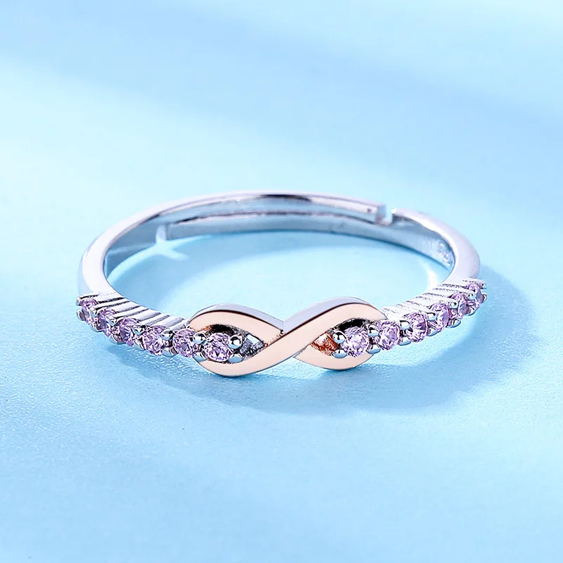 S925 Sterling Silver Simple Fashion Ring Female Small Fresh Lucky 8 Word Pink Diamond Zircon Real Silver Ladies Ring Jewelry